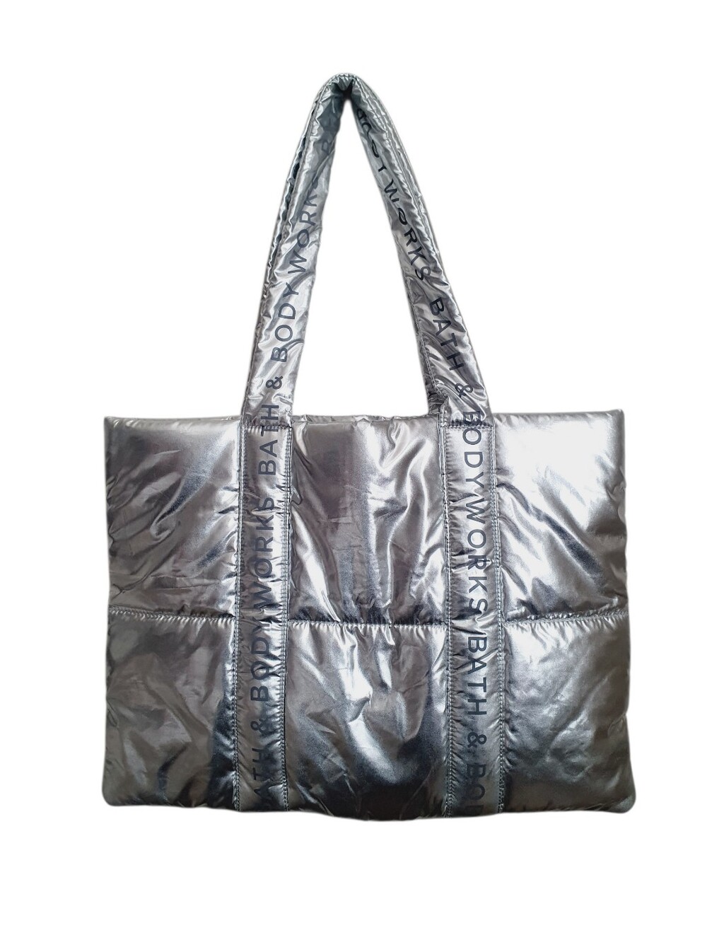 Bath & Body Works Puffy Bag Tote 2024 Silver Shiny Quilted Logo Black Friday
